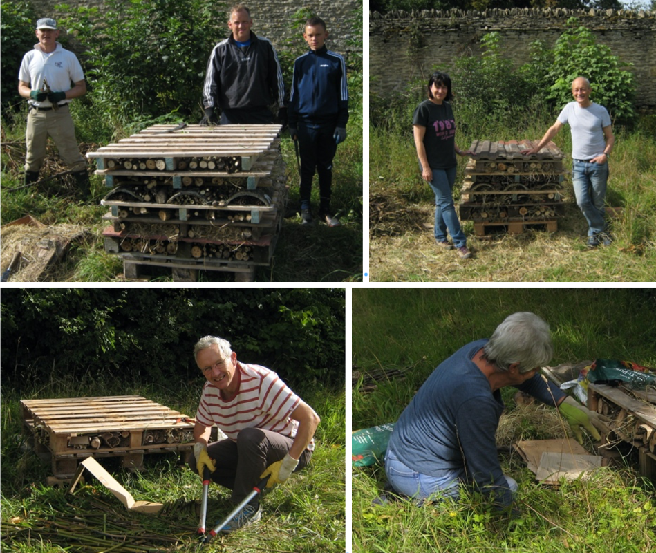 Volunteers building bug hotels in Woodstock Community Woodland