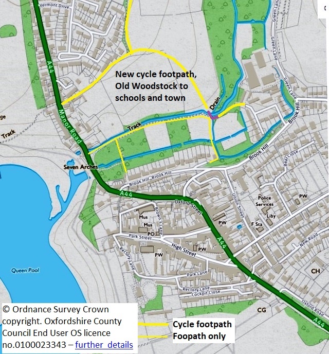 Detailed map showing proposed traffic-free connections from Old Woodstock towards Woodstock town centre and schools