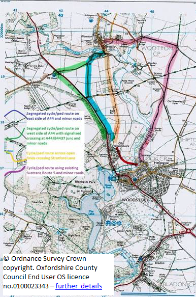 Map showing blue, orange, green and pink route options between Woodstock and Wootton